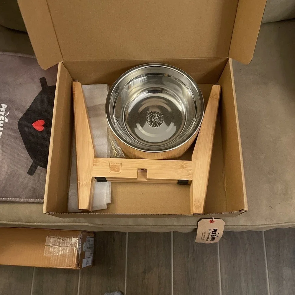 Modern Elevated Pet Feeder with Wooden Stand and Stainless Steel Bowl